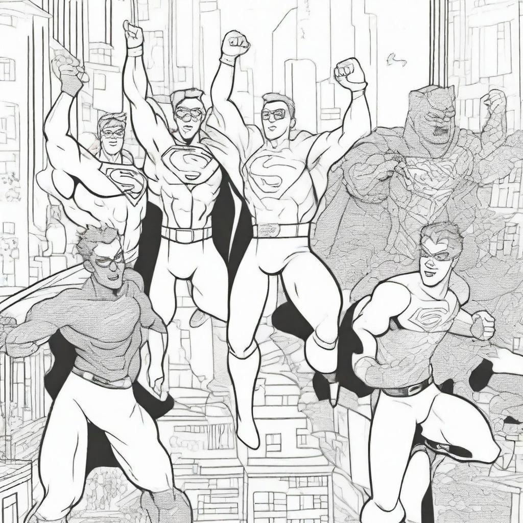 A superhero-themed colouring book page featuring a team of heroes celebrating their victory in a dynamic and detailed comic book style