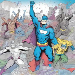 A superhero-themed colouring book page featuring a team of heroes celebrating their victory in a dynamic and detailed comic book style