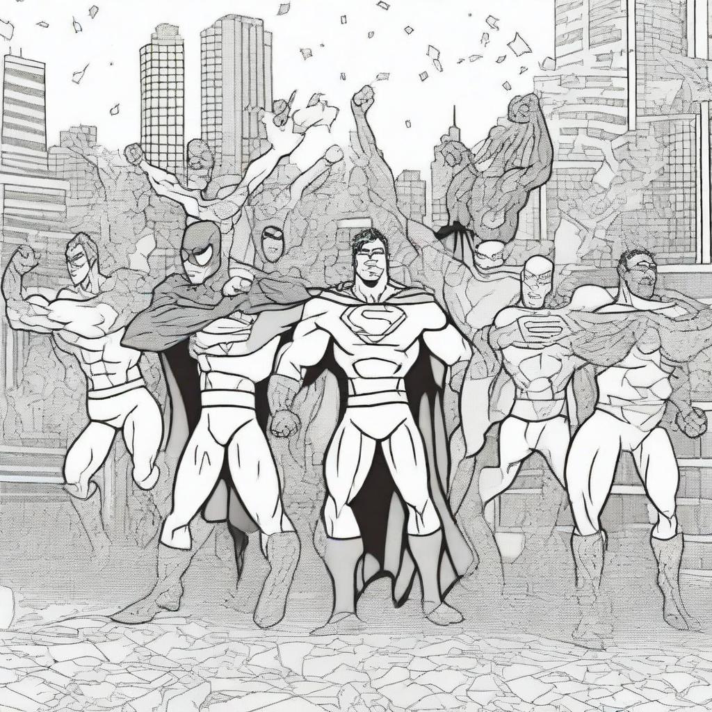 A superhero-themed colouring book page featuring a team of heroes celebrating their victory in a dynamic and detailed comic book style