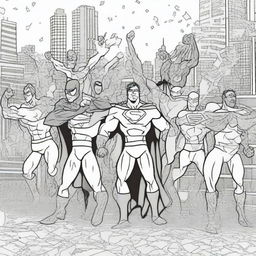 A superhero-themed colouring book page featuring a team of heroes celebrating their victory in a dynamic and detailed comic book style