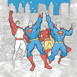 A superhero-themed colouring book page featuring a team of heroes celebrating their victory in a dynamic and detailed comic book style