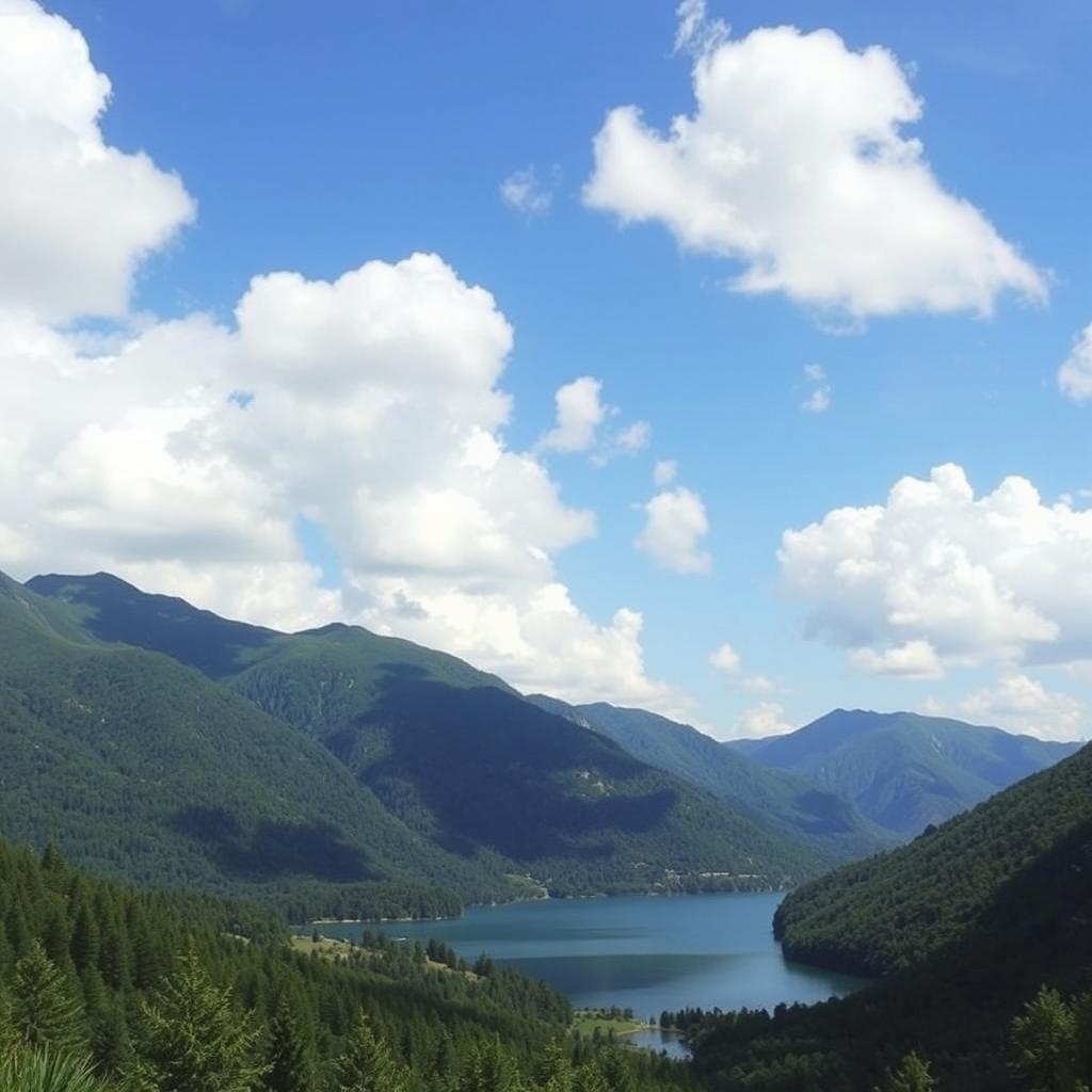 A beautiful landscape featuring a serene lake surrounded by lush green mountains under a clear blue sky with fluffy white clouds