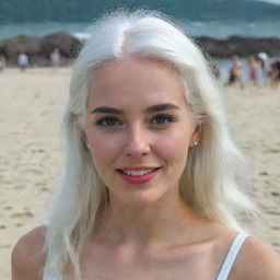 Full-length photo of a woman with white hair at a beach party, featuring long, square, proportional facial features, a small smooth nose, dimples in her cheeks, bow lips, thin cheeks and cheekbones, large black eyebrows, smooth medium green eyes, and swarthy skin, shot with a low-quality phone camera