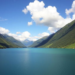 A beautiful landscape featuring a serene lake surrounded by lush green mountains under a clear blue sky with fluffy white clouds