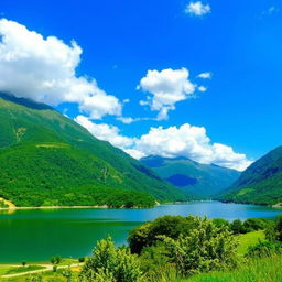 A beautiful landscape featuring a serene lake surrounded by lush green mountains under a clear blue sky with fluffy white clouds