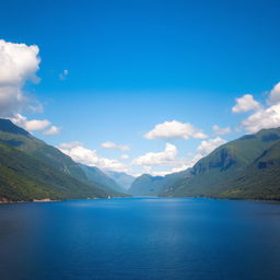 A beautiful landscape featuring a serene lake surrounded by lush green mountains under a clear blue sky with fluffy white clouds