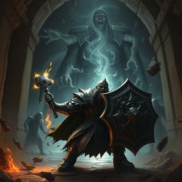 Depict an epic battle between a duergar dwarf paladin and the lich Vecna within a dark, ancient temple