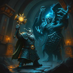 Depict an epic battle between a duergar dwarf paladin and the lich Vecna within a dark, ancient temple