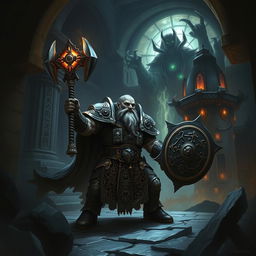 Depict an epic battle between a duergar dwarf paladin and the lich Vecna within a dark, ancient temple