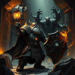 Depict an epic battle between a duergar dwarf paladin and the lich Vecna within a dark, ancient temple