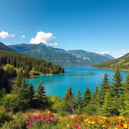 Create an image of a beautiful and serene landscape featuring a crystal clear lake surrounded by lush green trees and colorful flowers