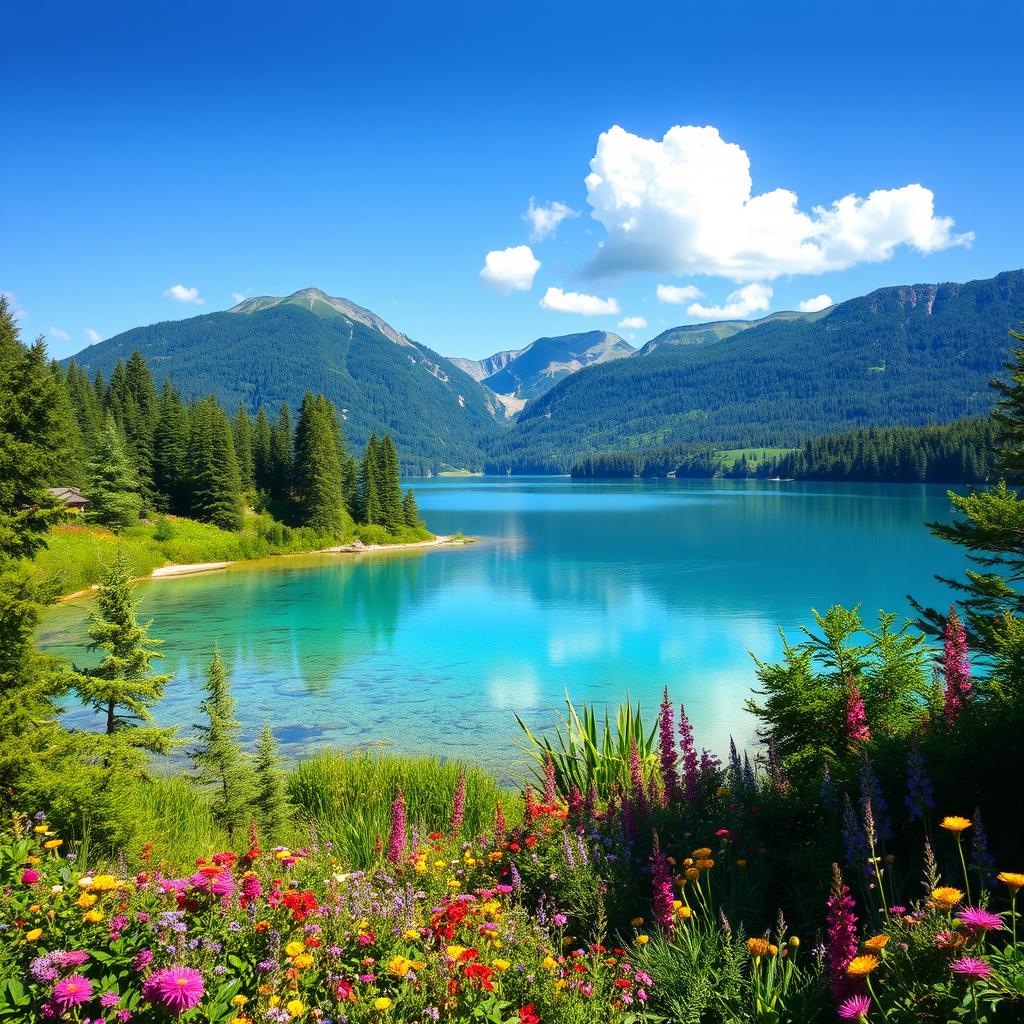 Create an image of a beautiful and serene landscape featuring a crystal clear lake surrounded by lush green trees and colorful flowers