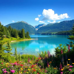 Create an image of a beautiful and serene landscape featuring a crystal clear lake surrounded by lush green trees and colorful flowers