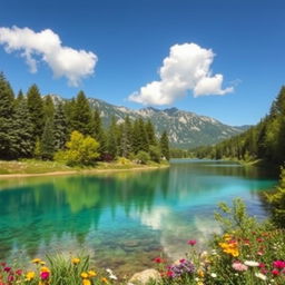 Create an image of a beautiful and serene landscape featuring a crystal clear lake surrounded by lush green trees and colorful flowers