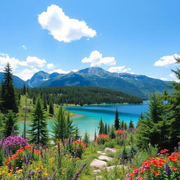 Create an image of a beautiful and serene landscape featuring a crystal clear lake surrounded by lush green trees and colorful flowers