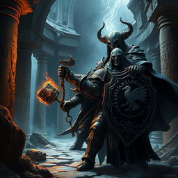 Depict an epic battle between a duergar dwarf paladin and the lich Vecna within a dark, ancient temple