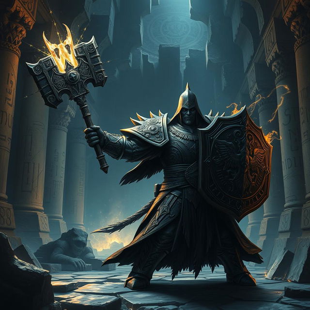 Depict an epic battle between a duergar dwarf paladin and the lich Vecna within a dark, ancient temple