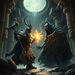 Depict an epic battle between a duergar dwarf paladin and the lich Vecna within a dark, ancient temple