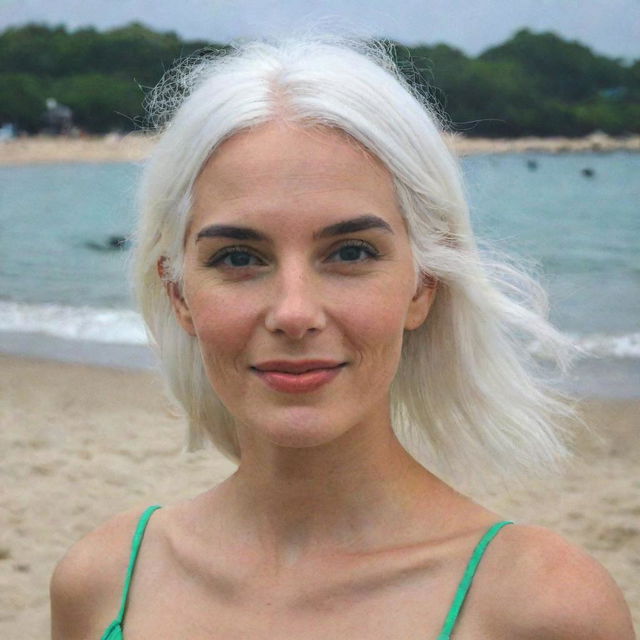 Full-length photo of a woman with white hair at a beach party, featuring long, square, proportional facial features, a small smooth nose, dimples in her cheeks, bow lips, thin cheeks and cheekbones, large black eyebrows, smooth medium green eyes, and swarthy skin, shot with a low-quality phone camera