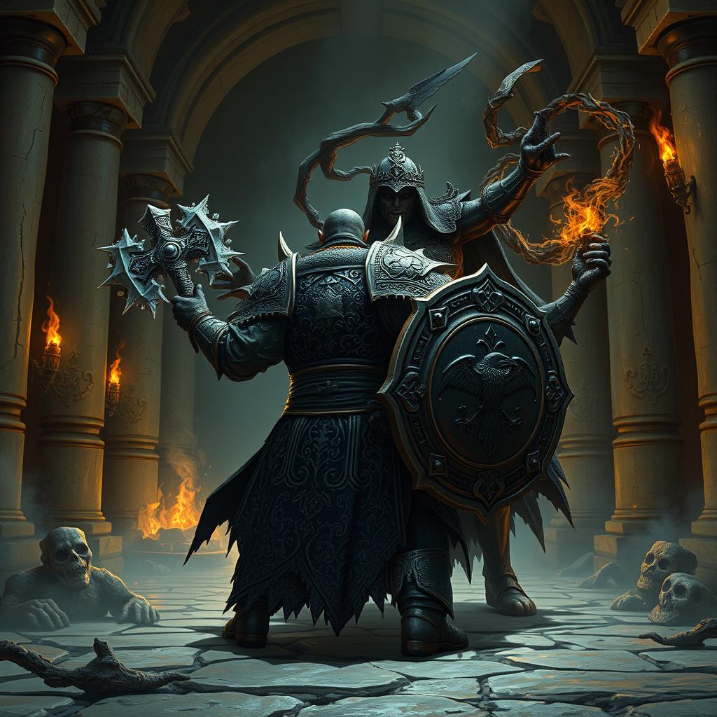 Depict an epic battle between a back-faced duergar dwarf paladin and front-faced lich Vecna within a dark, ancient temple