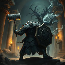 Depict an epic battle between a back-faced duergar dwarf paladin and front-faced lich Vecna within a dark, ancient temple