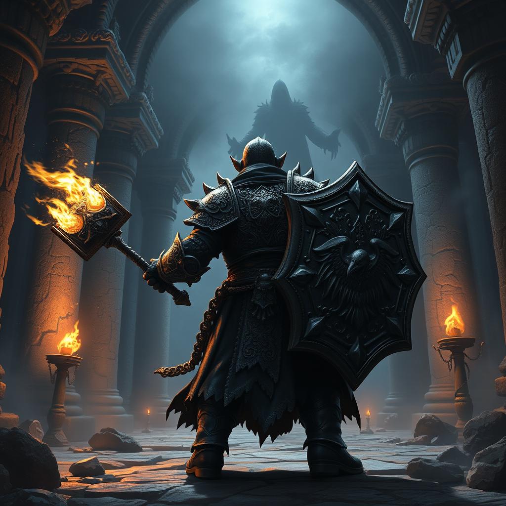 Depict an epic battle between a back-faced duergar dwarf paladin and front-faced lich Vecna within a dark, ancient temple