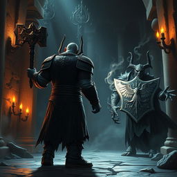 Depict an epic battle between a back-faced duergar dwarf paladin and front-faced lich Vecna within a dark, ancient temple