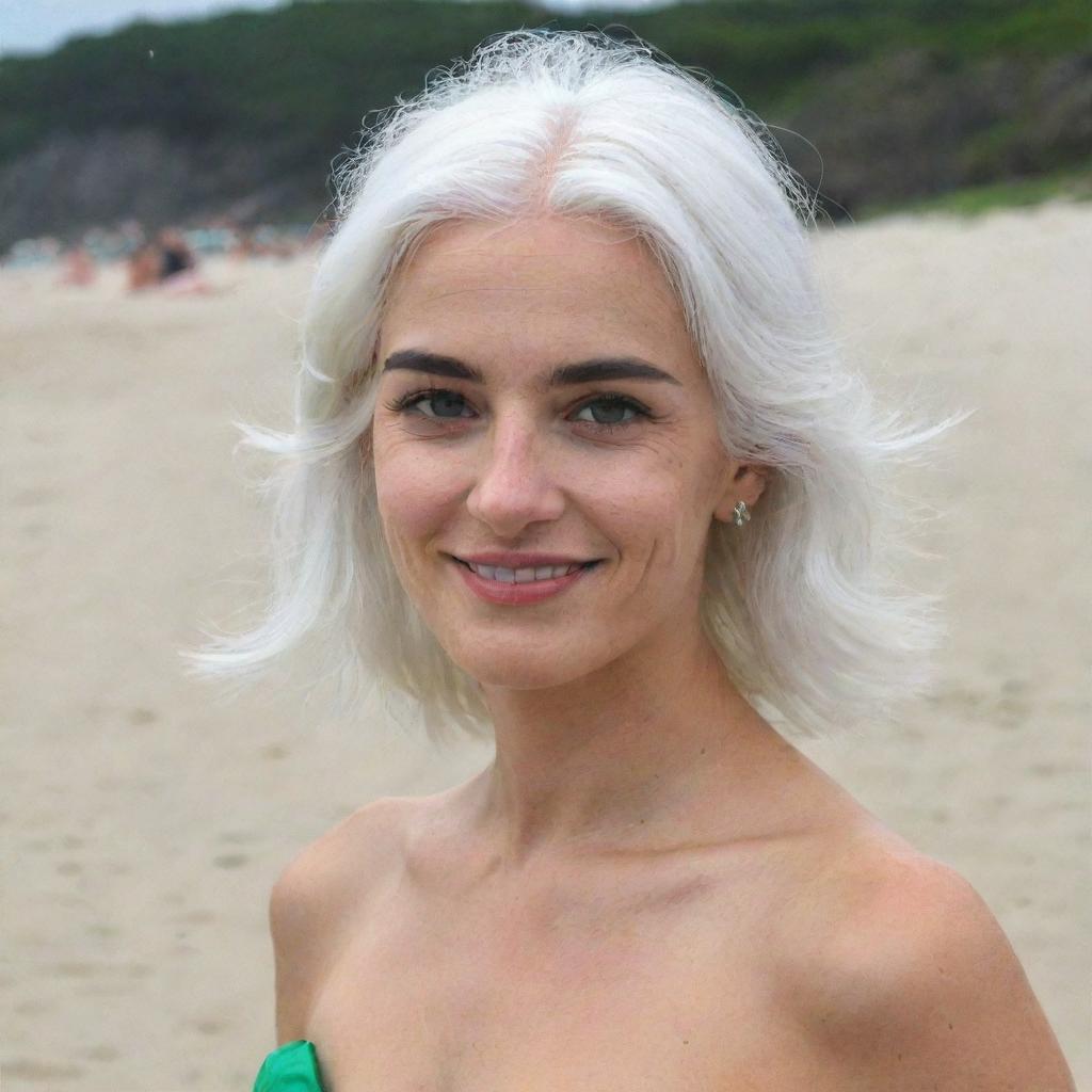 Full-length interior photo of a woman with white hair at a beach party, featuring long square proportional facial features, a small smooth nose, cheek dimples, bow lips, thin cheeks and cheekbones, large black eyebrows, smooth medium green eyes and swarthy skin