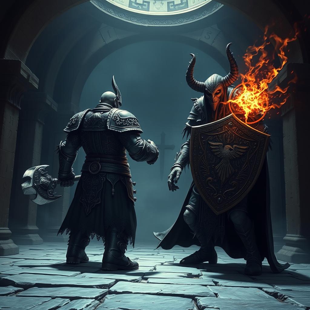 Depict an epic battle between a back-faced duergar dwarf paladin and front-faced lich Vecna within a dark, ancient temple