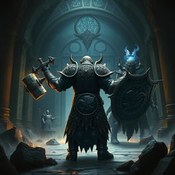 Depict an epic battle between a back-faced duergar dwarf paladin and front-faced lich Vecna within a dark, ancient temple