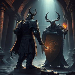 Depict an epic battle between a back-faced duergar dwarf paladin and front-faced lich Vecna within a dark, ancient temple