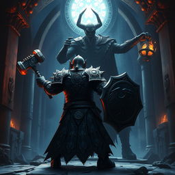 Depict an epic battle between a back-faced duergar dwarf paladin and front-faced lich Vecna within a dark, ancient temple