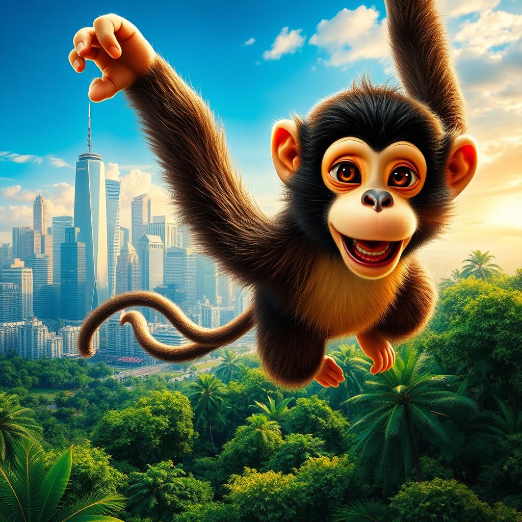 A movie poster featuring a mischievous monkey who escapes from his home in the Amazon rainforest and ventures into the city