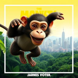 A movie poster featuring a mischievous monkey who escapes from his home in the Amazon rainforest and ventures into the city