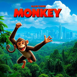 A movie poster featuring a mischievous monkey who escapes from his home in the Amazon rainforest and ventures into the city