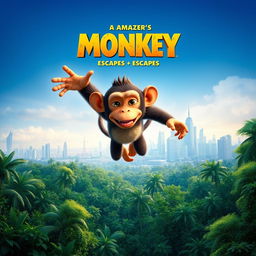 A movie poster featuring a mischievous monkey who escapes from his home in the Amazon rainforest and ventures into the city