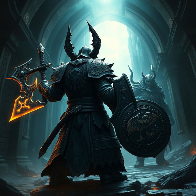 Depict an epic battle between a back-faced duergar dwarf paladin and front-faced lich Vecna within a dark, ancient temple