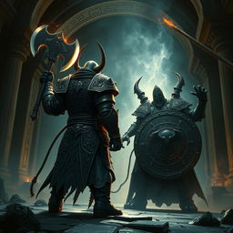 Depict an epic battle between a back-faced duergar dwarf paladin and front-faced lich Vecna within a dark, ancient temple