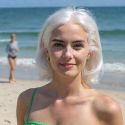 Full-length interior photo of a woman with white hair at a beach party, featuring long square proportional facial features, a small smooth nose, cheek dimples, bow lips, thin cheeks and cheekbones, large black eyebrows, smooth medium green eyes and swarthy skin