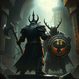 Depict an epic battle between a back-faced duergar dwarf paladin and front-faced lich Vecna within a dark, ancient temple