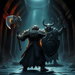 Depict an epic battle between a back-faced duergar dwarf paladin and front-faced lich Vecna within a dark, ancient temple