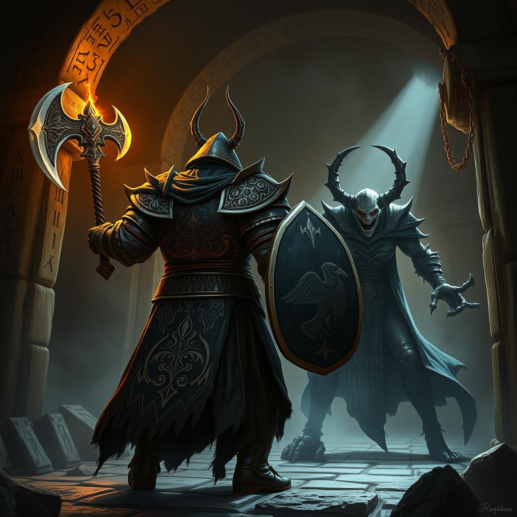 Depict an epic battle between a back-faced duergar dwarf paladin and front-faced lich Vecna within a dark, ancient temple