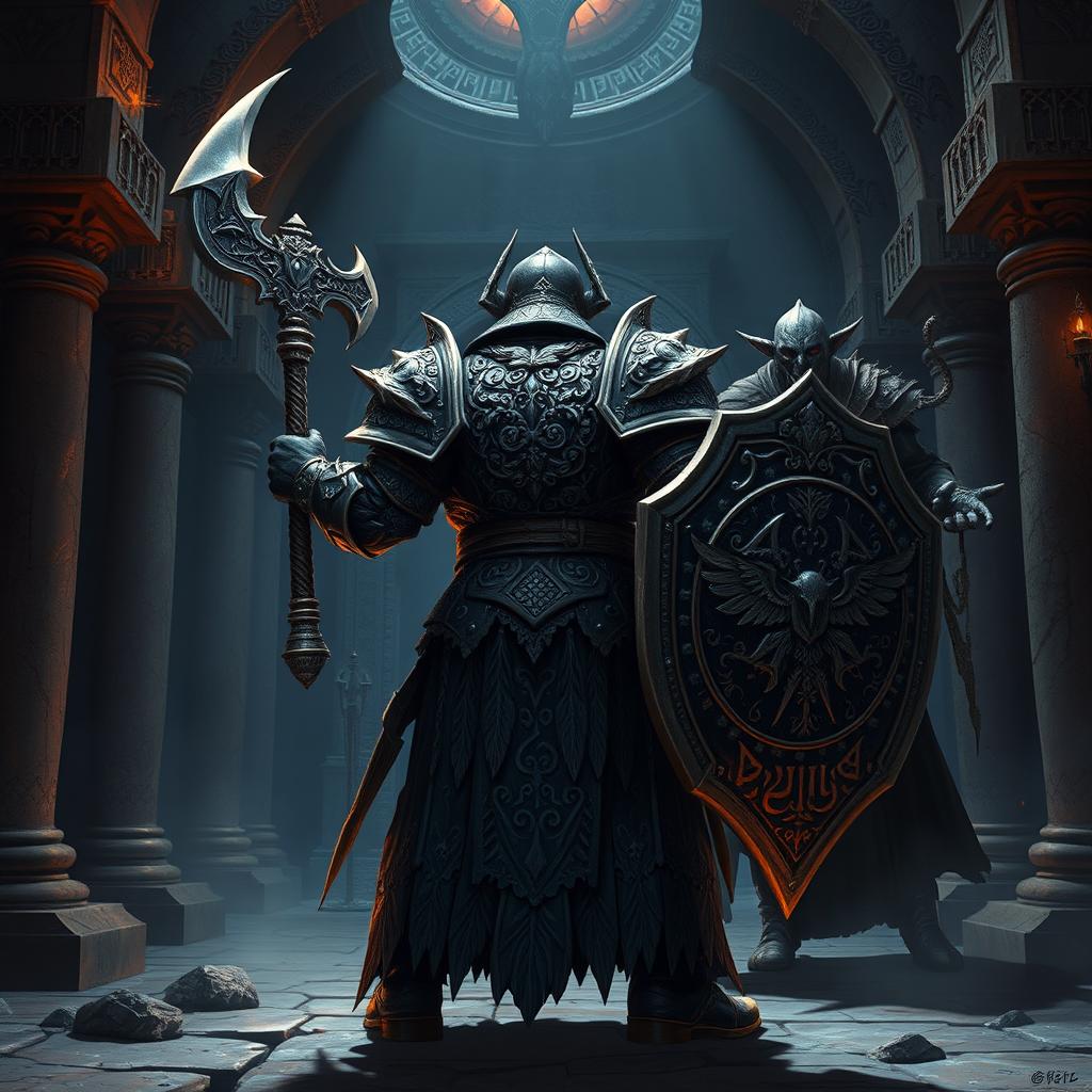 Depict an epic battle between a back-faced duergar dwarf paladin and front-faced lich Vecna within a dark, ancient temple