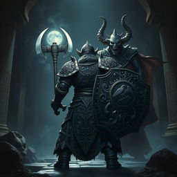 Depict an epic battle between a back-faced duergar dwarf paladin and front-faced lich Vecna within a dark, ancient temple