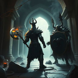 Depict an epic battle between a back-faced duergar dwarf paladin and front-faced lich Vecna within a dark, ancient temple