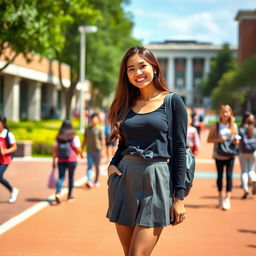 A beautiful college girl wearing a stylish skirt, standing in a confident and elegant pose