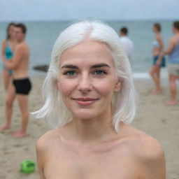 Full-length interior photo of a woman with white hair at a beach party, featuring long square proportional facial features, a small smooth nose, cheek dimples, bow lips, thin cheeks and cheekbones, large black eyebrows, smooth medium green eyes and swarthy skin