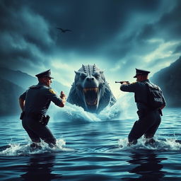 Un póster de una película que trata de policías enfrentándose a un monstruo en un lago