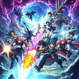 Create a vibrant and dynamic anime poster featuring a group of diverse characters in an epic battle scene