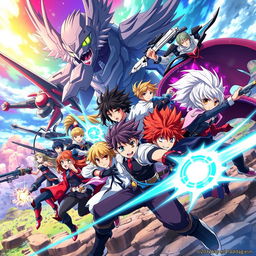 Create a vibrant and dynamic anime poster featuring a group of diverse characters in an epic battle scene